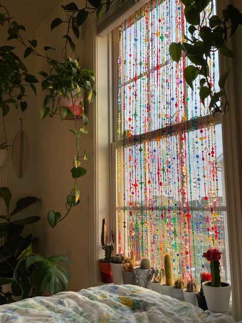 Aesthetic Room Curtain Ideas, Aesthetic Bead Curtain, Bead Window Decor, Curtain Beads Bedrooms, Aesthetic Beaded Curtain, Bead Bedroom Decor, Bohemian Beaded Curtains, Aesthetic Closet Curtains, Beads On Windows