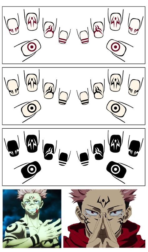 Anime Short Nail Designs, Manga Nails Design, Rengoku Inspired Nails, Cute Nails Anime, Jujitsu Kaisen Nail Art, Anime Design Nails, Inspired Nails Anime, Sukuna Nails Short, Sukuna Nails Acrylic