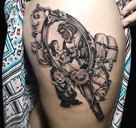 Beauty And The Beast Tattoo Black And White, Pet Tattoo With Flowers, Beauty And The Beast Tattoo Leg, Disney Themed Tattoos Sleeve, Beauty The Beast Tattoos, Dark Disney Tattoos Ideas, Beauty And The Beast Mirror Tattoo, Beauty And The Best Tattoo, Beauty And The Beast Tattoo Ideas