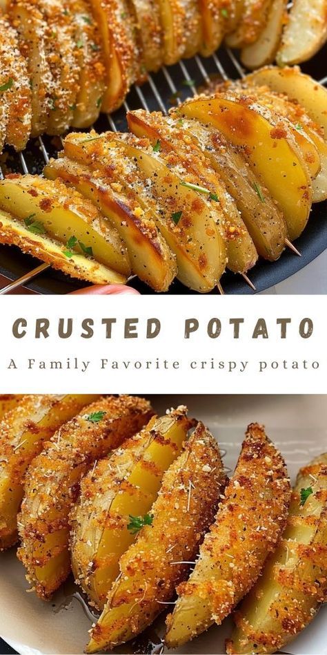 Homemade Potatoes Wedges, Crispy Crunchy Parmesan Potatoes Recipe, Parmesan Crusted Potatoes Wedges, Cheese Crusted Potatoes, Baking Potato Recipes, Panko Potatoes, Yummy Food Ideas Easy, Potato Slices Recipes, Potato Finger Food