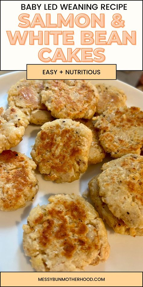 salmon and white bean cakes Salmon Cakes For Baby, Baby Salmon Recipe, Salmon Baby Led Weaning, Baby Led Weaning Protein, Sweet Potato Crackers Recipe, Baby Led Weaning Recipe, Sweet Potato Crackers, Baby Led Weaning Breakfast, Blw Recipes