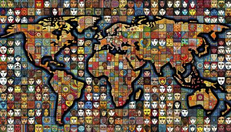 An illustration depicting a colorful mosaic that forms a world map, with each tile representing different faces and cultural symbols, emphasizing global unity and diversity. AI Generative Cultural Diversity Photography, Cultural Diversity Illustration, Cultural Diversity Art, Diversity Aesthetic, Cultural Globalization, Diversity Art, Unity And Diversity, Ethnic Diversity, Art Atelier