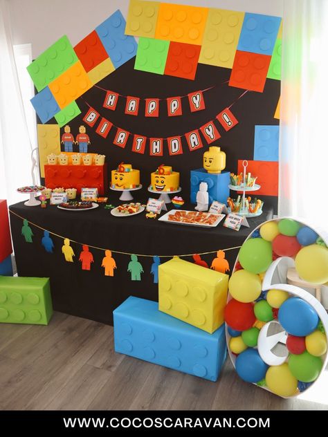 The best Lego birthday decorations - Coco's Caravan Lego Duplo Birthday Party, Lego Theme Decor, Lego First Birthday Party, Lego Birthday Party Diy, Lego 7th Birthday Party, Diy Lego Decorations, Lego Backdrop, Lego Birthday Party Decorations, Lego Birthday Banner