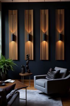 Wooden Slat Accent Wall, Timeless Interior Design, Large Wood Wall Art, Diy Lampe, Timeless Interior, Accent Walls In Living Room, التصميم الخارجي للمنزل, Black Walls, Wooden Diy