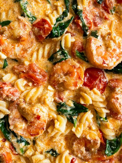 Feta Shrimp Pasta, Feta Pasta With Shrimp, Pasta Recipes Oven, Feta Shrimp, Shrimp Tomato Pasta, Shrimp Spinach Pasta, Figs Recipe, Pasta With Shrimp, Baked Feta Pasta