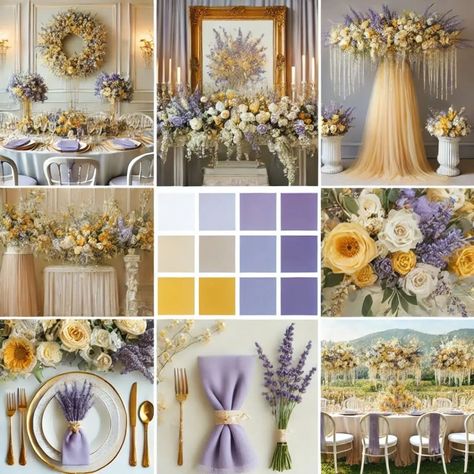 Lavender and yellow are a match made in heaven for a softer, romantic touch. Think lavender bouquets mixed with sunny yellow wildflowers and table linens in these hues. Perfect for outdoor ceremonies or rustic barn weddings, this combination radiates warmth and joy. Enhance the ambiance with lavender-scented candles and yellow fairy lights.   #LavenderAndYellow #RomanticWedding #WeddingPalette #OutdoorWedding #RusticWedding #WeddingInspiration #WeddingDecor #WeddingFavors Purple Blue Yellow Wedding Color Schemes, Pale Yellow And Lavender Wedding, Pale Yellow And Purple Wedding, Lilac And Pale Yellow Wedding, Lilac And Lemon Wedding, Silver And Yellow Wedding, Lilac And Yellow Wedding Theme, Purple And Yellow Wedding Ideas, Summer Yellow Wedding