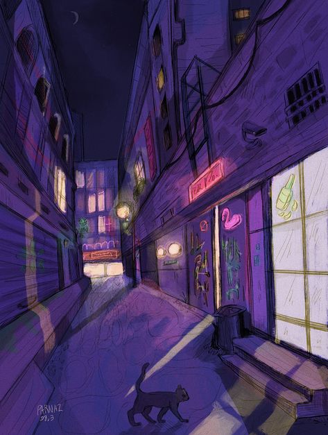 Cat Walking Drawing, Spiderverse Background, Night City Illustration, City Street Illustration, Night Drawings, Walking Drawing, Street Background, Animation Classes, Cat Walking