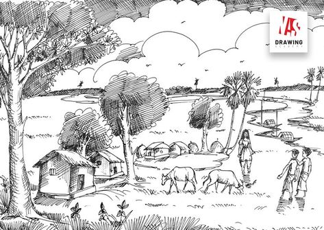 Viallage Scenery Drawing with Pen Living Things Drawing, Village Scenery Drawing, Scene Sketch, Drawing With Pen, Village Scenery, Pencil Drawing Images, Village Art, Scenery Drawing, Sky Art Painting