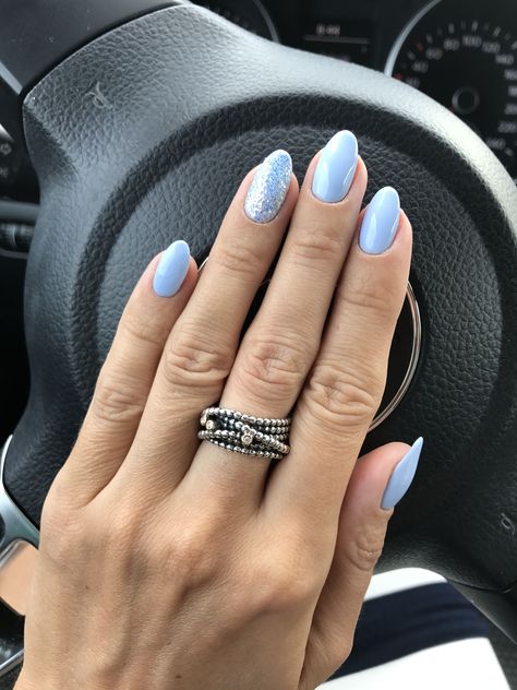 Blue Nails With One Glitter Nail, Pastel Blue And Silver Nails, Blue Silver Nails Ideas, Pastel Blue Gel Nails, Blue Engagement Nails, Pastel Nails With Glitter, Baby Blue Oval Nails, Baby Blue Acrylic Nails Almond, Bridesmaid Nails Blue