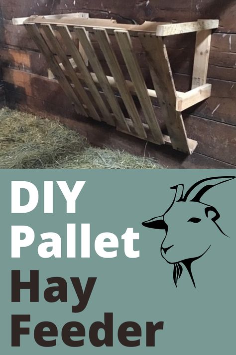 With the right tools you'll be able to whip together this DIY pallet hay feeder in no time. It's a perfect feeder for goats and is great for the small farm or homestead. Nothing like a budget farm project! Pallet Feeders Hay, Diy Goat Pin, Pallet Hay Feeder Goats, Hay Manger For Goats, Hay Manger For Horses, Goat Proof Chicken Feeder, Pallet Hay Feeder, Diy Goat Hay Feeder, Hobby Farm Ideas