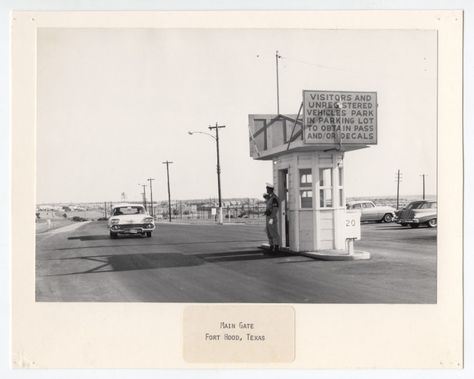 Main Gate, Fort Hood, Photograph, ca. 1950 - 1959; digital image, (http://texashistory.unt.edu/ark:/67531/metapth12993/ : accessed September 15, 2014), University of North Texas Libraries, The Portal to Texas History, http://texashistory.unt.edu; crediting Killeen City Library System, Killeen, Texas. Killeen Texas, Military Bases, Fort Hood, Library System, University Of North Texas, City Library, Main Gate, Texas History, The Portal