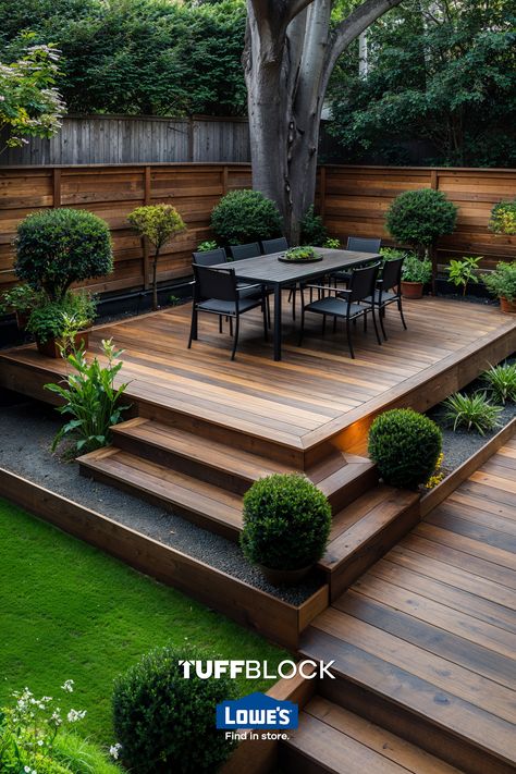 beautiful yard design with deck that has multiple levels, a lush lawn and outdoor dining Modern Floating Deck Ideas, Outdoor Deck And Patio Ideas, Small Floating Deck, Tuffblock Deck, Elevated Deck Ideas, Multi Level Deck Ideas, Deck Off Back Of House, Low Profile Deck, Low Deck Designs