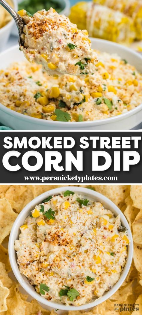 This one pan creamy smoked street corn dip is made with Fiesta and Southwest canned corn and a creamy base of Greek yogurt, cream cheese, and melty Pepper Jack cheese. Everything gets added to a pan and then placed in a smoker for a low and slow melt until ooey, gooey, and flavorful. Jalapeno Corn Dip With Cream Cheese, Grilled Rotel Dip, Smoked Elote Corn Dip, Street Corn Crockpot Dip, Street Corn Dip With Cream Cheese, Mexican Street Corn Smoker, Side Dishes For Grilled Cheese, Smoked Corn Queso Dip, Texas Corn Dip