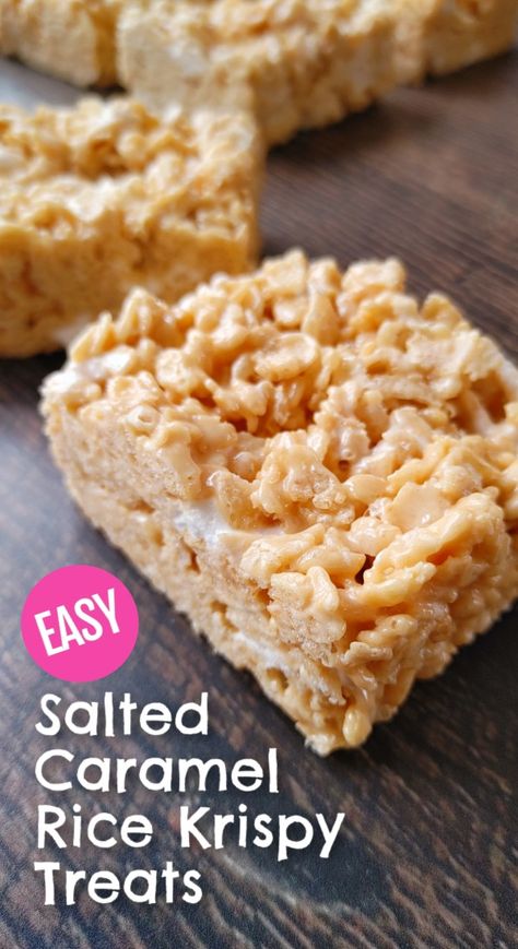 EASY Salted Caramel Rice Krispies Treats! The easiest recipe for elevated rice krispies that are chewy and crispy, packed with buttery caramel and warm vanilla flavor that’s highlighted by the perfect amount of salt. Salted Caramel Rice Krispies, Salted Caramel Rice Krispie Treats, Caramel Rice Krispies, Caramel Rice Krispie Treats, Salted Caramel Desserts, Gooey Desserts, Rice Crispy Bars, Easy Salted Caramel, Blondie Recipes