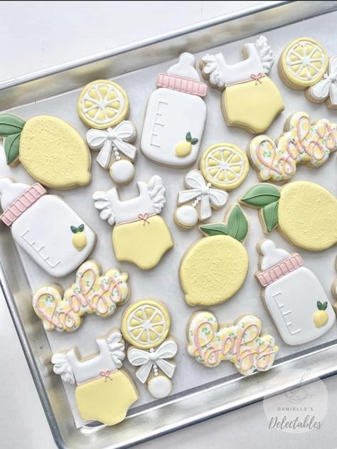 Amalfi Cookies, Lemon Baby Shower Cookies, Charlotte Baby, Shower Cookies, Baby Cookies, Fancy Cookies, Lemon Cookies, Cookie Inspiration, Baby Shower Cookies