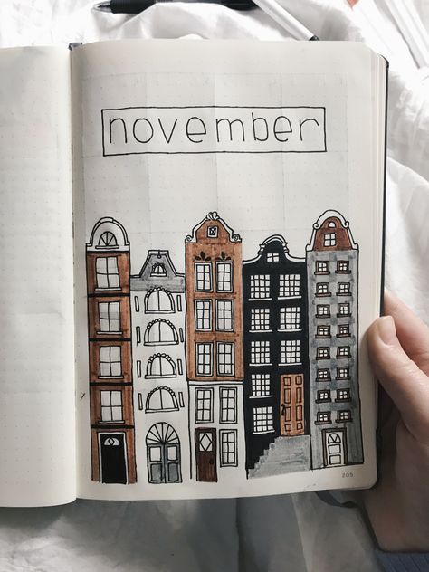 Bujo City Theme, December Journal Ideas Cover, November Bujo Calendar, Bujo Ideas November, November Journal Spread, November Page Bullet Journal, Town Drawing Buildings, My Town Drawing, October Spread Bullet Journal