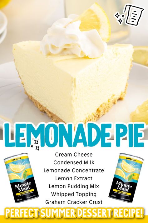 a close up shot of Lemonade Pie  with ingredients. Cream Cheese Pudding, Lemonade Pie Recipe, Pudding Whipped Cream, Cream Cheese Lemonade Pie, Delicious Lemon Desserts, Graham Cracker Pie Crust, Cracker Pie Crust, Graham Cracker Pie, Cracker Pie