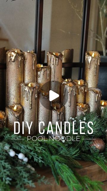 118K views · 15K likes | Mary Beth Wilhelm on Instagram: "DIY Dollar store pool noodle candles…but make it Christmas! 🕯️The Halloween version was a hit so I had to recreate for my favorite holiday! 🎄I used dollar store pool noodles, battery operated tea lights from Amazon, Rustoleum metallic gold spray paint and rub n buff to create these. Oh, and lots of glue sticks….LOTS of glue sticks 🤣 Such an easy craft!  What color candles would you make? 🤔 Let me know below!" Pool Noodle Candles, Pool Candles, Color Candles, Metallic Gold Spray Paint, Rustoleum Metallic, Pool Noodle Crafts, Rub N Buff, Battery Operated Tea Lights, Pool Noodle