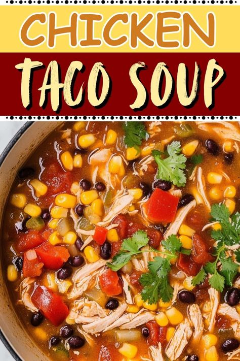 This chicken taco soup is guaranteed to warm you up! With tender chicken, beans, corn, tomatoes, peppers, and spices, it's like a hug in a bowl. Chicken Taco Soup With Beer, Gluten Free Chicken Taco Soup, Taco Soup Recipe With Chicken, 7 Can Chicken Taco Soup Recipe Easy, Chicken Taco Soup Stove Top, Taco Soup Recipe Chicken, Healthy Chicken Taco Soup, 8 Can Chicken Taco Soup, Taco Soup With Chicken