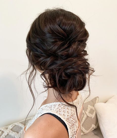 Wedding Bridal Bun Hairstyles, Wedding Updo Brown Hair Brides, Loose Low Wedding Hair, Dark Brown Wedding Hair Updo, Dark Hair Low Bun Wedding, Brunette Updo Front View, Dark Long Hair Updo, Brunette Wedding Updo Low Buns, Updo For Maternity Pictures