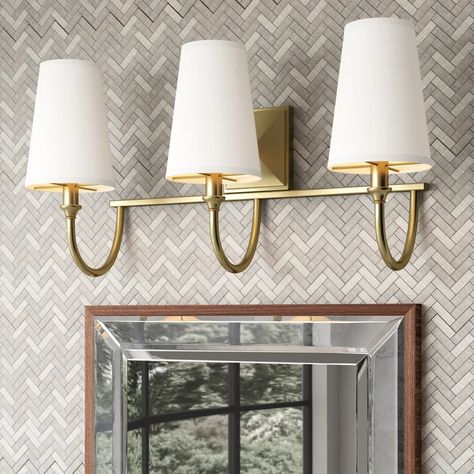 Greyleigh™ Payson 3 - Light Dimmable Vanity Light & Reviews | Wayfair Brass Vanity Light, Fabric Empire, Gold Bathroom, Bathroom Light Fixtures, Steel Design, Bathroom Vanity Lighting, Diffused Light, Single Bathroom Vanity, Vanity Light