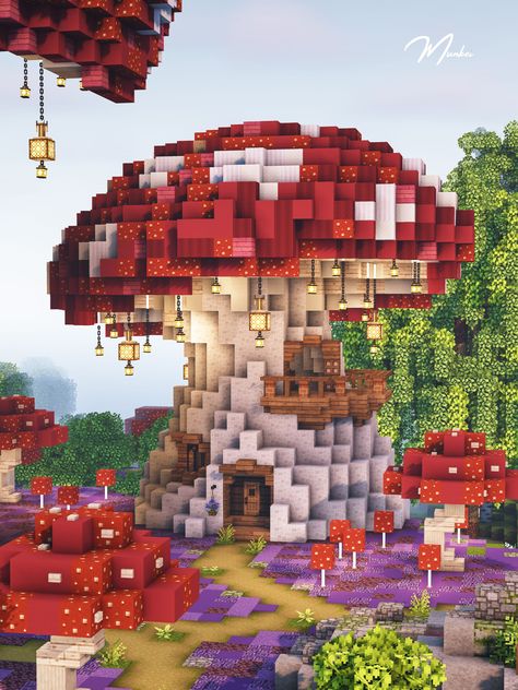 Mooshroom Minecraft House, Pink Mushroom Minecraft, Minecraft House Ideas Mushroom, Mincraft Idea Mushroom, Minecraft Giant Mushroom House, Fairy Minecraft Builds House, Minecraft Chain Ideas, Minecraft Fairy Tree House, Mushroom Island Base Minecraft