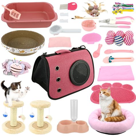 PRICES MAY VARY. 【Kitten Cat Starter Kits】The set includes cat litter box*1, cat bed*1, cat litter shovel*1, 2-in-1 bowl*1, shedding slicker brush*1, bath brush*1, cat food shovel*1, cat strip spoon*1, cat teaser*，nail clipper*1, chest strap*1, cat mat*1, cat bath towel*1, cat bag*1,scratch pad*2,cat toys*7,bowknot collar*5, sisal ball of random color*6. Enough to meet the needs of novice cat owners. 【Cat Essentials for Starter】This set of new cats and kittens is perfect for those new to cat own New Kitten Essentials, Amazon Cat Finds, Cat Things Products, Stuff For Cats, Cat Necessities, Kitten Essentials, Cute Cat Accessories, Cat Room Decor, Kitten Supplies