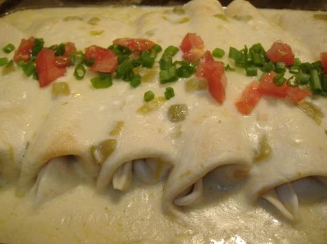 Enchiladas White Sauce, Chicken Enchiladas White Sauce, Mexican White Sauce, Steak Enchiladas, White Sauce Enchiladas, Turkey Enchiladas, Chili Relleno, White Chicken Enchiladas, Beef Enchiladas