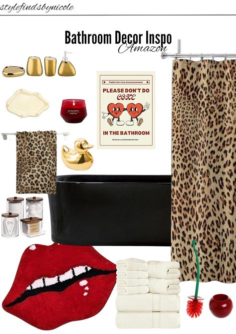 Shop for recommended products from StylefindsbyNicole on www.amazon.co.uk. Learn more about StylefindsbyNicole's favourite products. Red And White Bathroom Decor, Red Themed Bathroom, Red Aesthetic Bathroom, Cheetah Print Bathroom Ideas, Cherry Bathroom Ideas, Leopard Print Bathroom Ideas, Cheetah Bathroom Decor, Black And Red Bathroom Ideas, Black And Red Bathroom