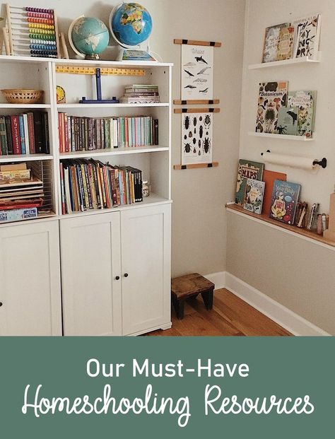 Home School Book Shelf, Round Homeschool Table, Montessori Art Supplies Organization, Must Have Homeschool Supplies, Homeschool Art Supplies Organization, Homeschooling Must Haves, Home School Must Haves, Homeschool Bookshelf Organization, Homeschool Cabinet Organization