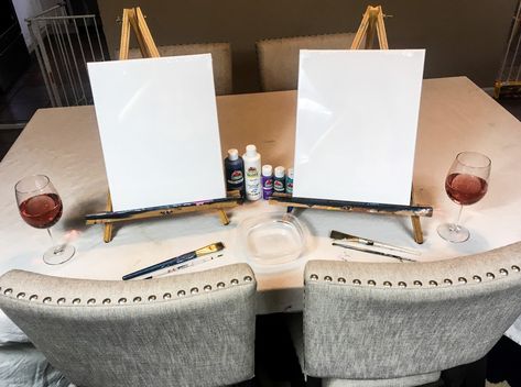 Couples Painting Date Night At Home: Paint & Sip Couple's Edition Couples Painting, Painting Date, Wine And Paint Night, Creative Date Night Ideas, At Home Dates, Dream Dates, Romantic Date Night Ideas, At Home Date, Creative Dates