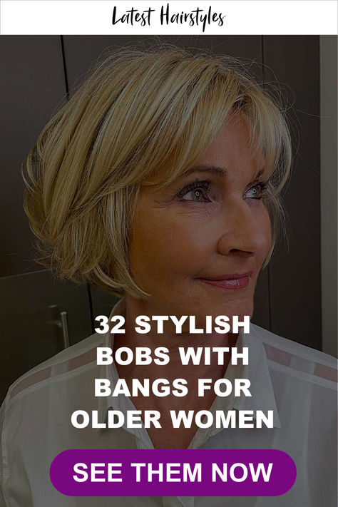 Picture of an older woman with a short bob and bangs Normal Haircut, Short Bob With Bangs, Bobs With Bangs, Choppy Bob Hairstyles For Fine Hair, Kort Bob, Short Bobs With Bangs, Short Bobs, Over 60 Hairstyles, Bangs For Women