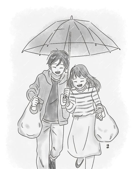 Illustrations of couple, raining, girl, boy, and cute. Couple Under Umbrella Drawing Anime, Couple Umbrella Drawing, Two People Under Umbrella Drawing, Couple In The Rain Drawing, Girl And Boy Best Friends Drawing, Friendship Sketches, Couple With Umbrella, Boy And Girl Sketch, Boy And Girl Drawing