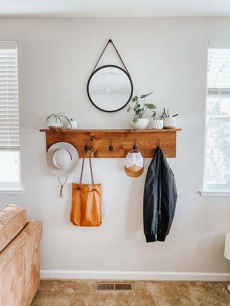 DIY 4’3” shelf with hooks for entryway Wall Shelf With Hooks Bedroom, Shelf Hooks Entryway, Coat Hook With Shelf, Hooks With Shelf Above, Mirror And Coat Hooks, Entry Way Shelf And Hooks, Entry Way Shelving Ideas, Small Entryway Wall Shelves, Diy Entry Hooks