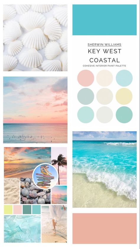 Apartment Room Color Schemes, Coastal Kitchen Palette, Coastal House Color Palette, Key West Bathroom Ideas, Beach Bedroom Color Palettes, Key West Design, Key West Interior Design Style, Florida Paint Colors Exterior, Ocean Wall Colors