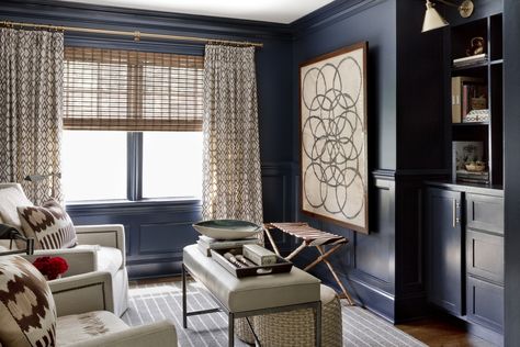 Navy Blue Paint Colors, Navy Blue Paint, Dark Blue Paint, Modern Window Treatments, Dark Blue Walls, Living Room Drapes, Navy Walls, Navy Blue Walls, Blue Paint Colors