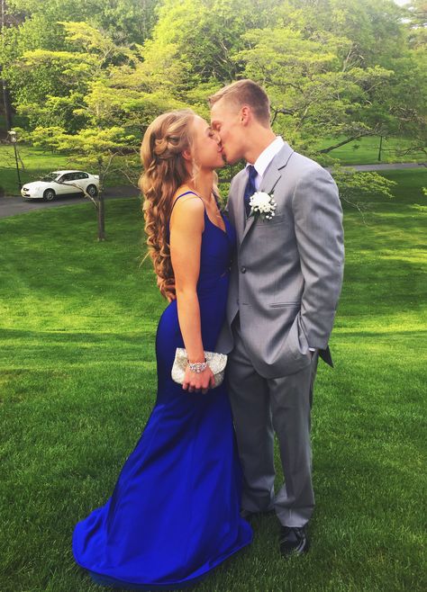 Royal Blue And Grey Prom Couple, Prom Dresses Royal Blue, Grey Tux, Hoco Pictures, Prom Tux, Prom Blue, Royal Blue Prom Dress, Royal Blue Prom, Dresses Royal Blue