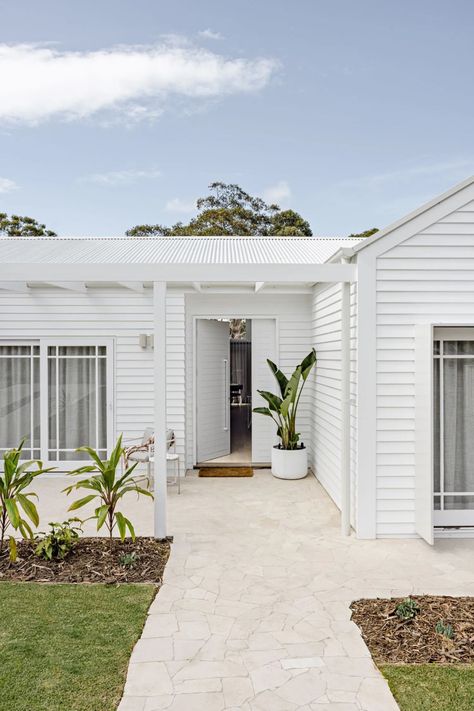 Styling An Entryway, Coastal Facade, Coastal Exterior, Weatherboard House, Clad Home, Beach House Exterior, Coastal Holiday, Beach Shack, Luxury Accommodation