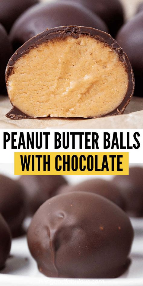 Similar to buckeyes, these peanut butter balls are dipped entirely for a little extra chocolate to enjoy! This chocolate dessert can be enjoyed as a Thanksgiving dessert, Christmas dessert, or anytime dessert. Pea Ut Butter Balls, Easy Pb Balls, The Best Peanut Butter Balls, Small Batch Peanut Butter Balls, Easy Peanutbutterballs, Chocolate Peanutbutter Balls, Easy Peanut Butter Balls 4 Ingredients, Peanut Butter Balls With Cream Cheese, Chocolate Peanut Butter Balls Recipe