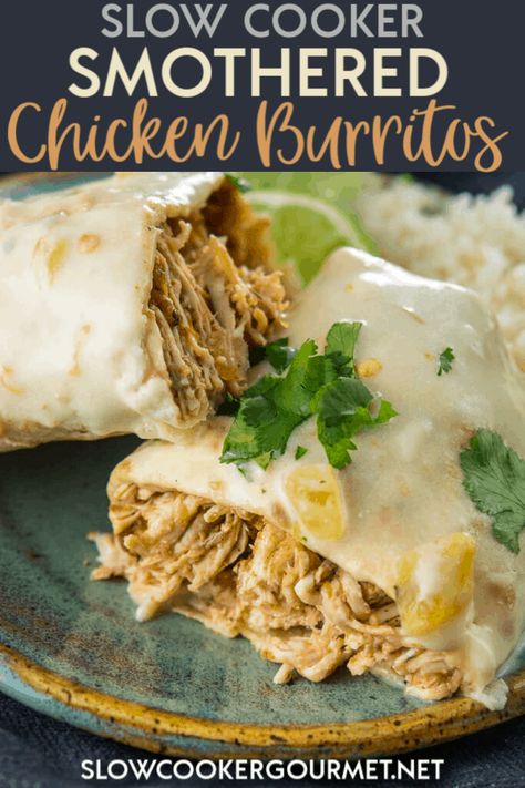 Slow Cooker Smothered Chicken Burritos are a simple way to make a delicious dinner! Flavorful Mexican style chicken stuffed into tender flour tortillas and baked until crispy. Then it's all topped off with the most delicious sour cream cheese sauce! #slowcooker #smothered #chickenburritos Slow Cooker Smothered Chicken, Smothered Chicken Burritos, Mexican Style Chicken, Cream Cheese Sauce, Homemade Cheese Sauce, Sour Cream Chicken, Smothered Chicken, Chicken Stuffed, Cooking Chicken To Shred