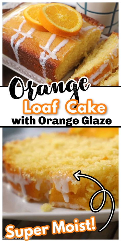 Orange loaf cake with white glaze and orange slices. With Pinterest overlay. Coconut Orange Cake Recipe, Ultimate Orange Cake, Orange Coconut Cake Recipes, Best Orange Cake Recipe Moist, Orange Bread Recipe Easy, Orange Cake Recipe Moist Easy, Fresh Orange Cake Recipe, Best Orange Cake Recipe, Homemade Orange Cake