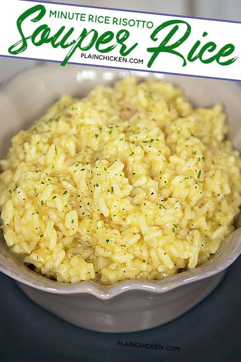 Souper Rice - quick creamy cheater risotto recipe made with minute rice, cream of chicken soup, chicken broth and parmesan cheese - ready in 10 minutes. Rice Cream Of Chicken Soup, Souper Rice, Soup Chicken Broth, Super Rice, Rice Recipes Side, Rice Cream, Rice Side Dish Recipes, Minute Rice, Soup Chicken