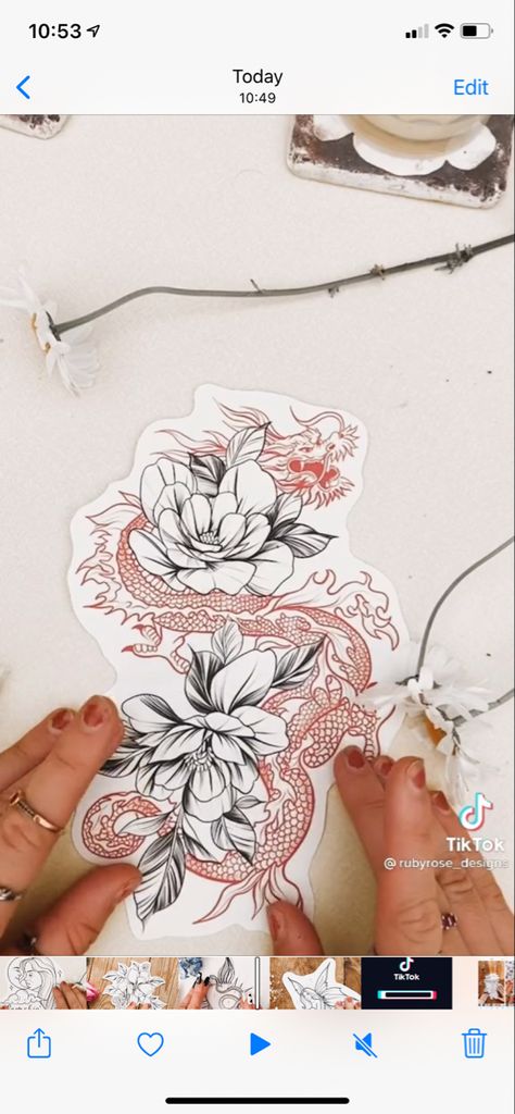 Red dragon and flowers tattoo idea Mandela And Dragon Tattoo, Red Dragon Sleeve Tattoo Women, Red Dragon And Flowers Tattoo, Tattoo Dragon And Flowers, Women’s Back Tattoo Dragon, Dragon And Flower Sleeve Tattoo, Floral Dragon Arm Tattoo, Red Dragon Flower Tattoo, Chinese Dragon Leg Tattoo For Women