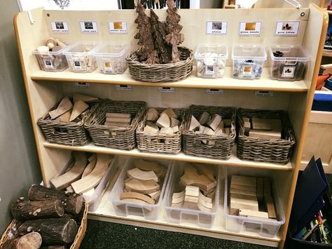 Loose parts in the construction area Reggio Block Center, Construction Area Early Years, Construction Area Ideas, Baby Room Ideas Early Years, Preschool Set Up, Natural Classroom, Reggio Children, Education Design Interior, Preschool Construction