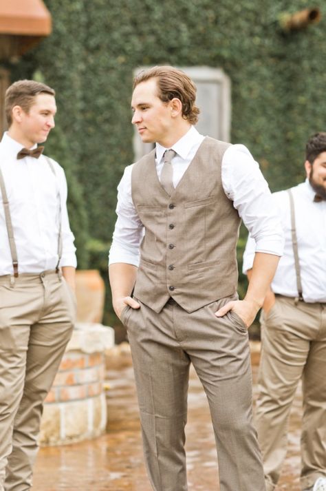 Taupe Mens Wedding Attire, Casual Groom Attire Vest, Brown Vest Groomsmen, Tan Vest Groomsmen, Groom Vest Only, Garden Wedding Groom Attire, Groom Vest And Tie, Khaki Groomsmen Attire, Vintage Groomsmen Attire