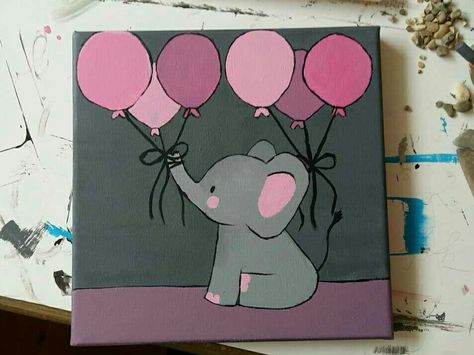 Acrilyc Paintings Ideas Simple, Easy Nursery Paintings Diy, Easy Elephant Painting Simple, Cute Elephant Canvas Paintings, Painting Ideas On Canvas For Nursery, Birthday Paintings On Canvas, Nursery Paintings Canvas Acrylic, Pink Elephant Painting, Elephant Painting Canvas Easy