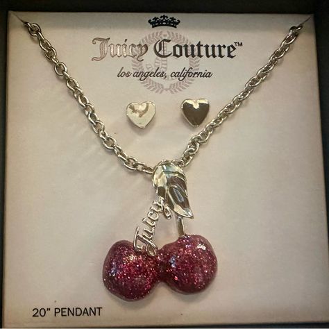 Brand New In Juicy Couture Gift Box And Absolutely Gorgeous Describes This Authentic Juicy Couture Red Glitter Cherries Necklace With Heart Earrings Gift Set. Necklace Measures 20” In Length Lobster Claw Clasp Gold-Toned Mcbling Jewelry, Wishlist Ideas Aesthetic, Cherries Necklace, Glitter Cherries, Y2k Gifts, Red Juicy Couture, Heart Cherries, 2000s Accessories, Aesthetic Gold Jewelry