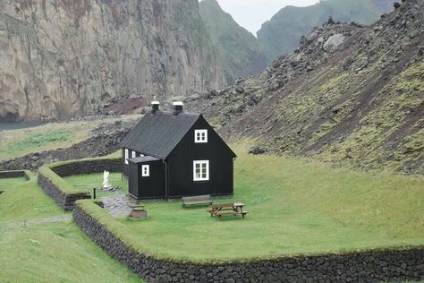 Iceland Black House With Light Roof, Small Black House, Norway Architecture, Black Siding, Scotland House, House Reference, Scandinavian Farmhouse, Black Houses, Cabins And Cottages