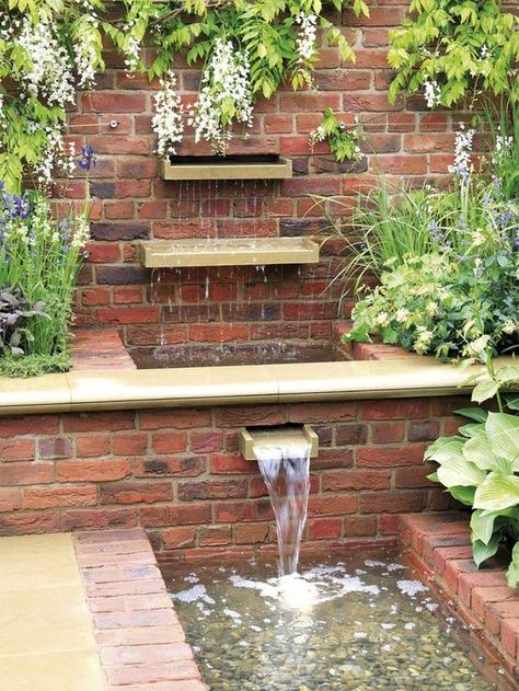 There are many ways you can build a fountain with #reclaimed #bricks, and add a bit of style to any project you are working on. Basement Courtyard, Outdoor Waterfalls, Taman Air, Diy Water Fountain, Garden Water Feature, Brick Garden, Garden Waterfall, Desain Lanskap, Walled Garden