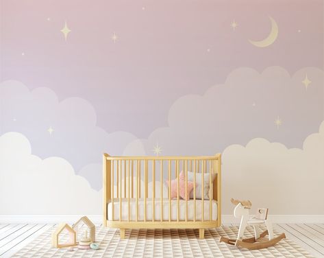 Nursery Wallpaper Mural Pastel Purple Night Sky Mural Easy - Etsy Australia Purple Baby Rooms, Baby Nursery Murals, Night Sky Nursery, Purple Night Sky, Lilac Nursery, Sky Nursery, Kindergarten Wallpaper, Wall Art Mural, Purple Nursery